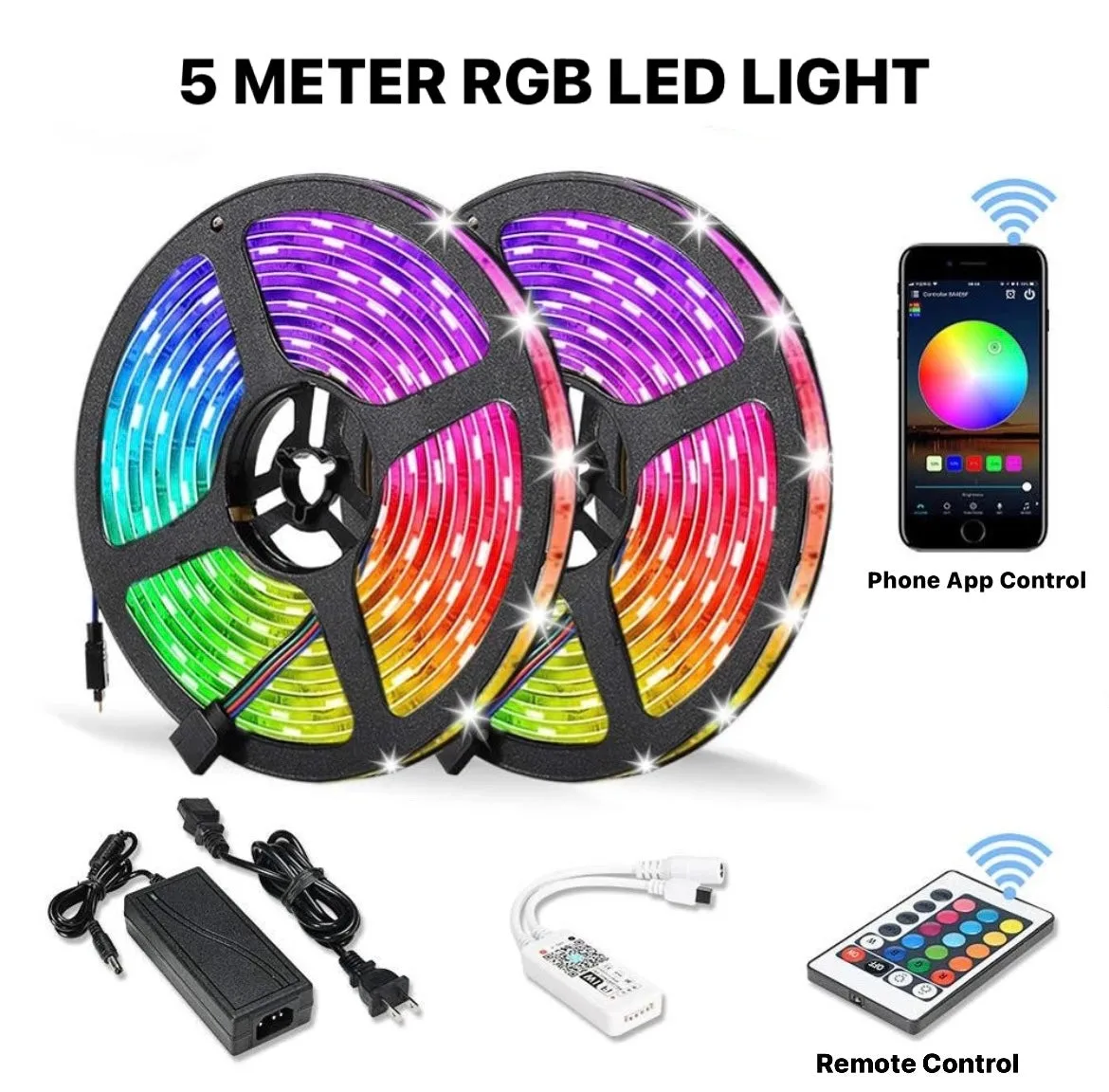 RGB Led Light 5 Meter Waterproof Phone App Bluetooth + Remote Controller - 10 Meter Remote + Bluetooth