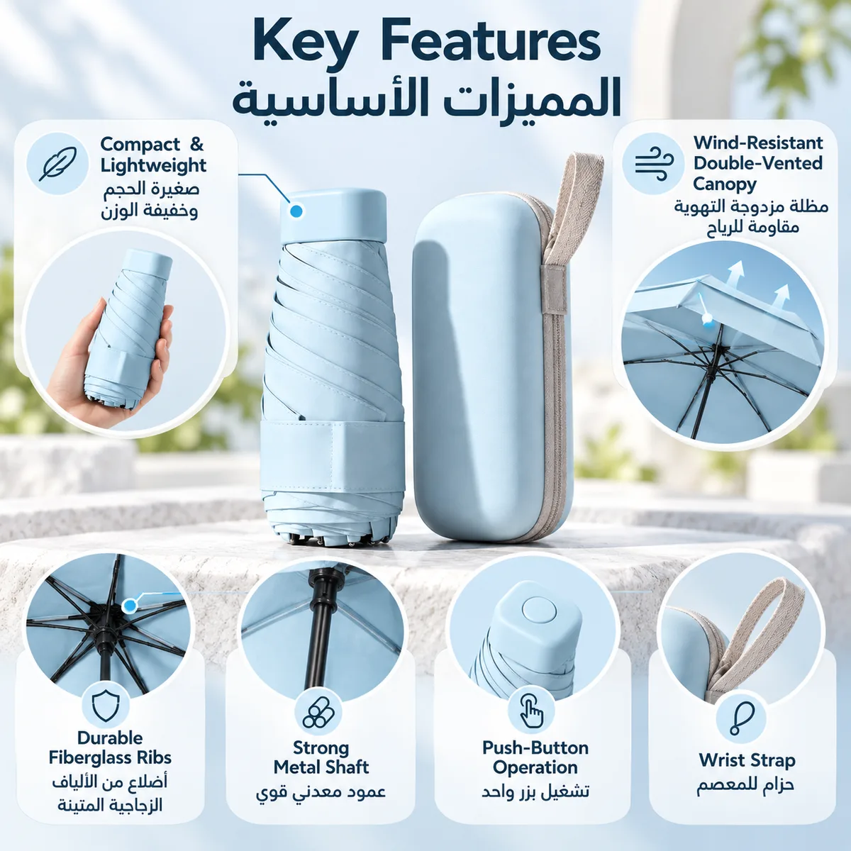 Mini Folding Umbrella with Case - Pink β photo 3