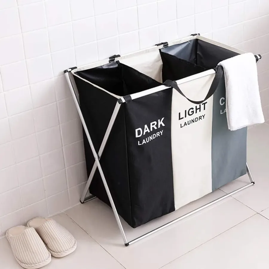 3 Section Laundry Basket Printed Dark Light Color, Foldable Hamper/Sorter with Waterproof Oxford Bags and Aluminum Frame — photo 2