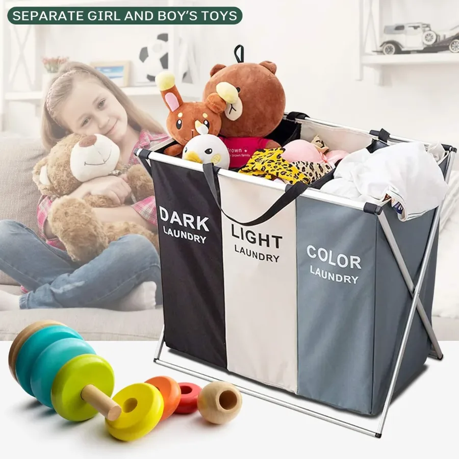 3 Section Laundry Basket Printed Dark Light Color, Foldable Hamper/Sorter with Waterproof Oxford Bags and Aluminum Frame — photo 4