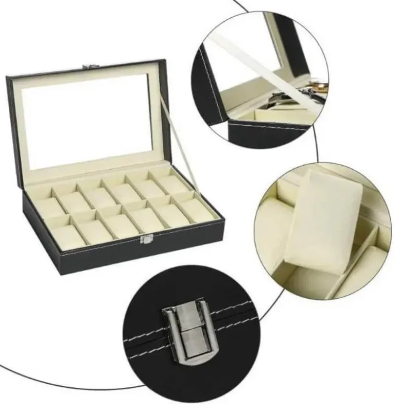 Watch Box 12 Slot Black Watch Display Box Storage Organiser — photo 2