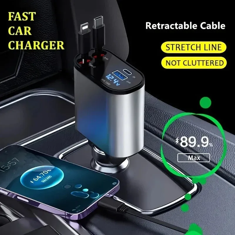 4 in 1 Car Charger 120W Turbo Charge, 4 Ports Fast Charging with Retractable Cables β photo 2