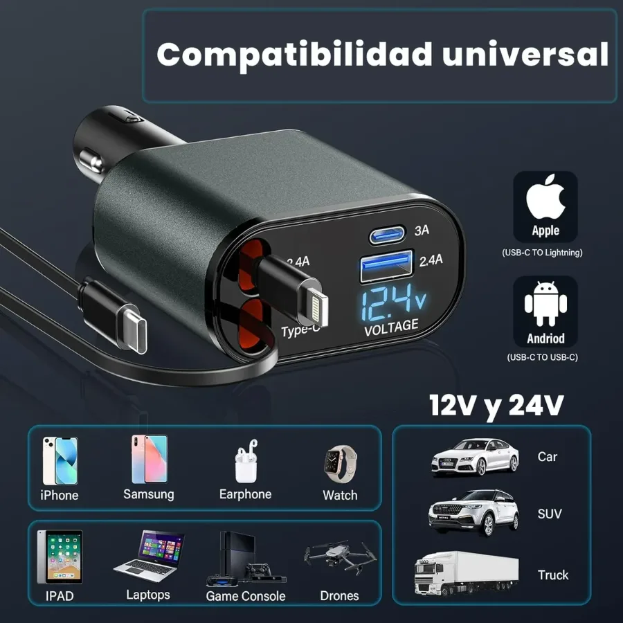 4 in 1 Car Charger 120W Turbo Charge, 4 Ports Fast Charging with Retractable Cables — photo 3