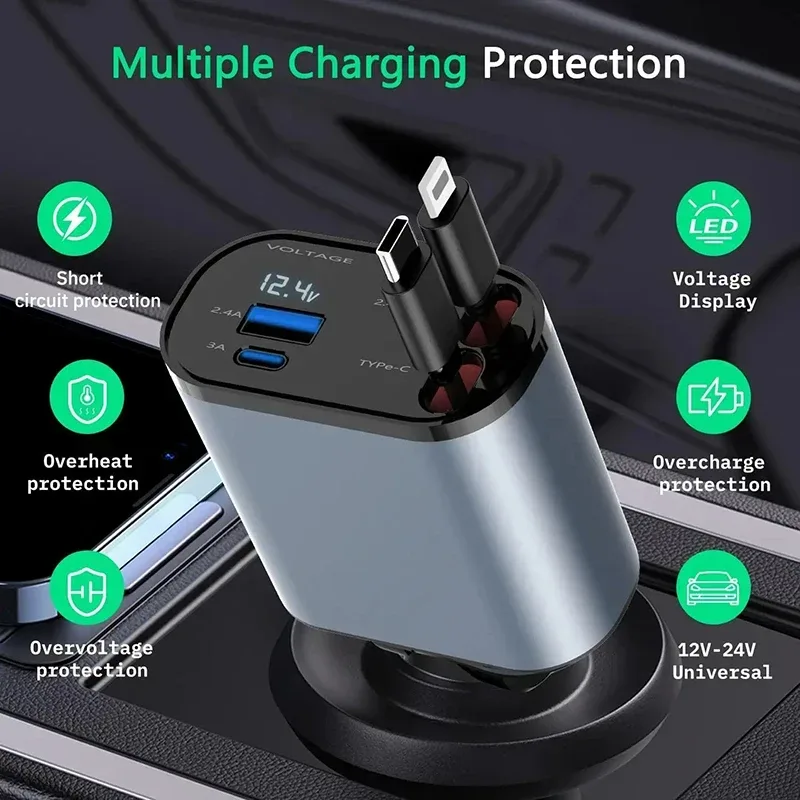4 in 1 Car Charger 120W Turbo Charge, 4 Ports Fast Charging with Retractable Cables β photo 5