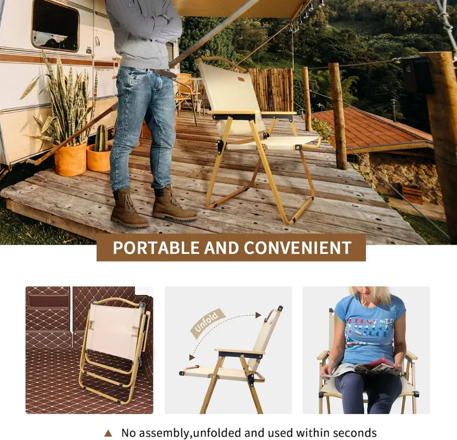 Folding Chair Camping Chairs for Adults Wood Armrest Black β photo 4