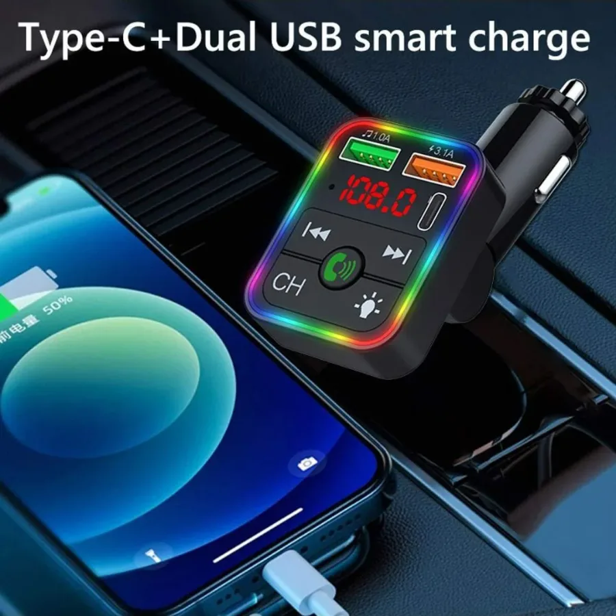 Bleutooth FM Transmitter F2 , MP3 Player with USB Flash Drive, Multi-Color Ambient Lighting, Dual USB 3.1 Type-C Fast Charger, and FM X8 — photo 5