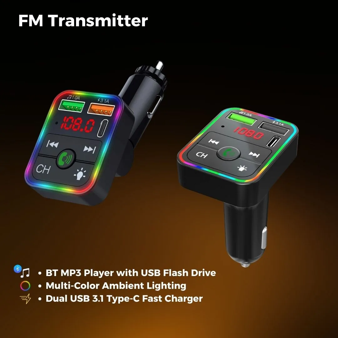 Bleutooth FM Transmitter F2 , MP3 Player with USB Flash Drive, Multi-Color Ambient Lighting, Dual USB 3.1 Type-C Fast Charger, and FM X8