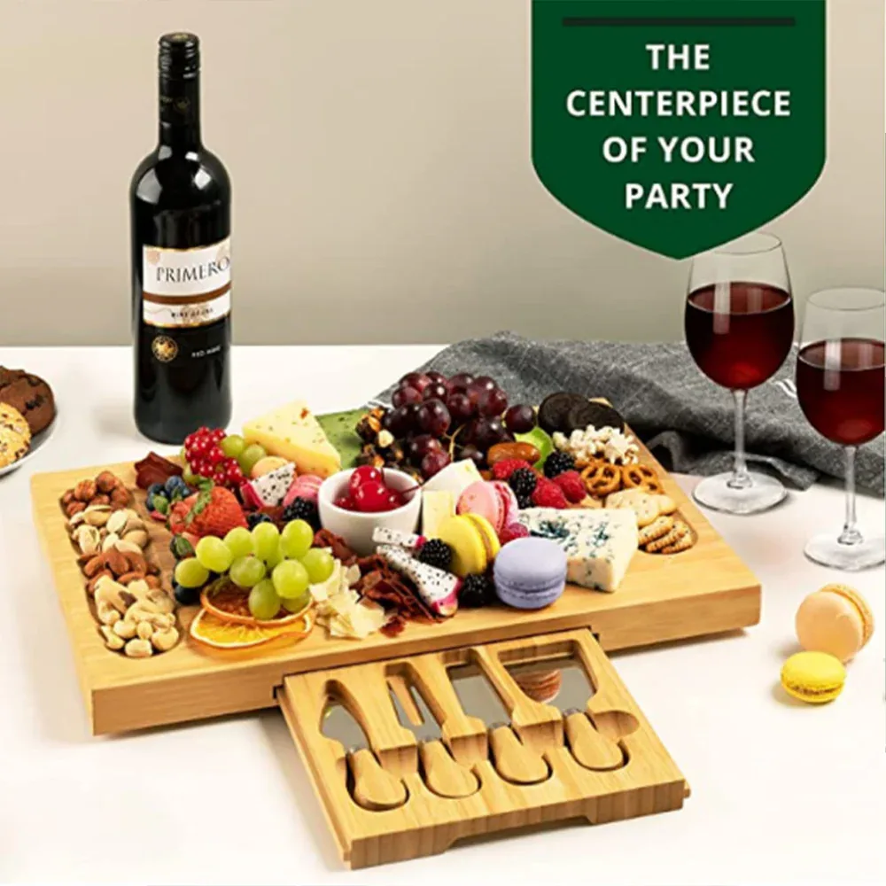 Bamboo Wooden Serving Tray Board Set with Cutlery in Slide-Out Drawer