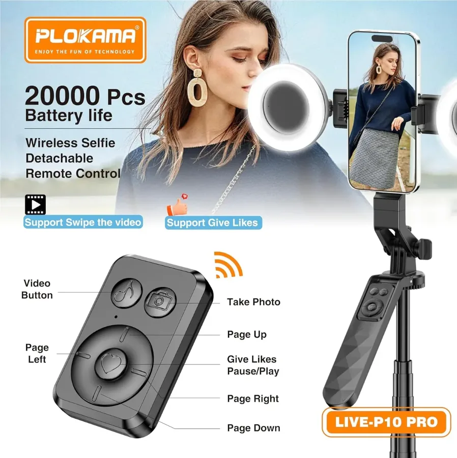 Plokama 3 IN 1 Selfie Stick Tripod with LED Light & Remote Live-P10 Pro — photo 2