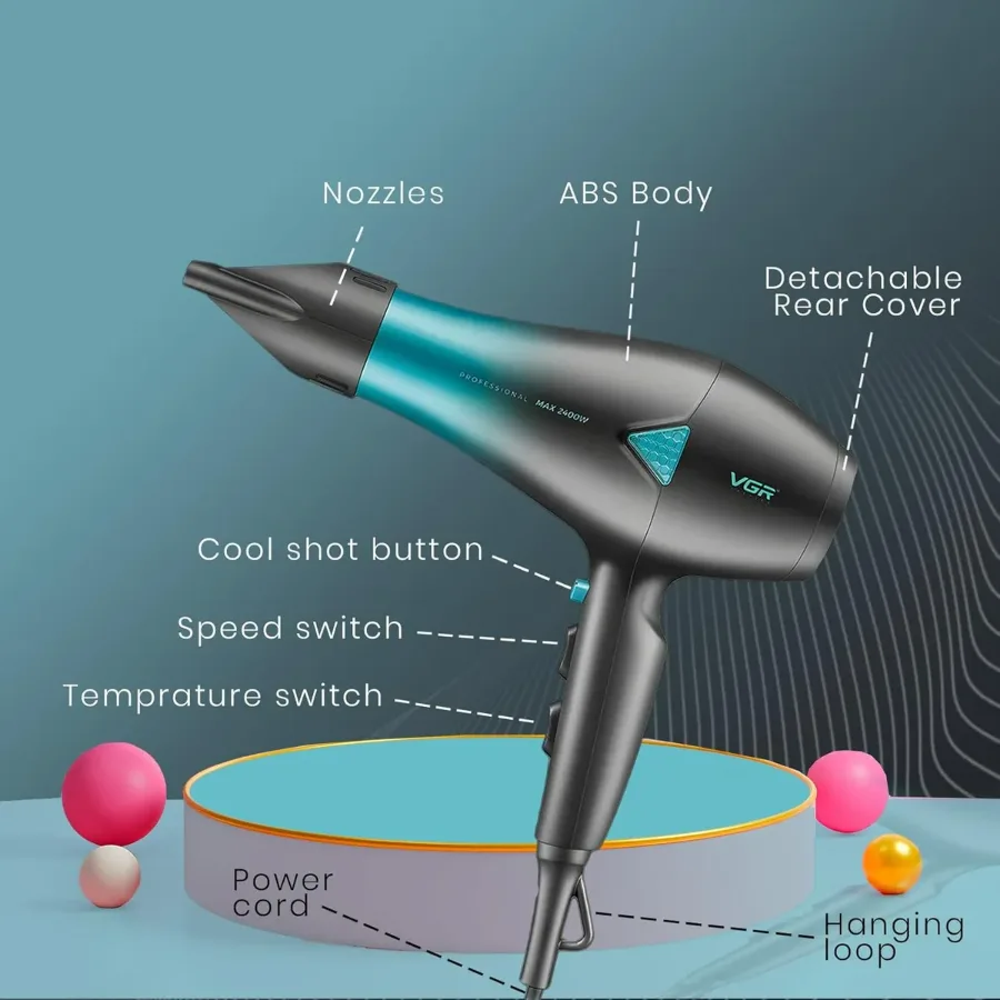 VGR V455 Professional Hair Dryer for both men and women, Independent Cool Shot, 3 Heat and 2 Speed Settings, Detachable Rear Cover β photo 4