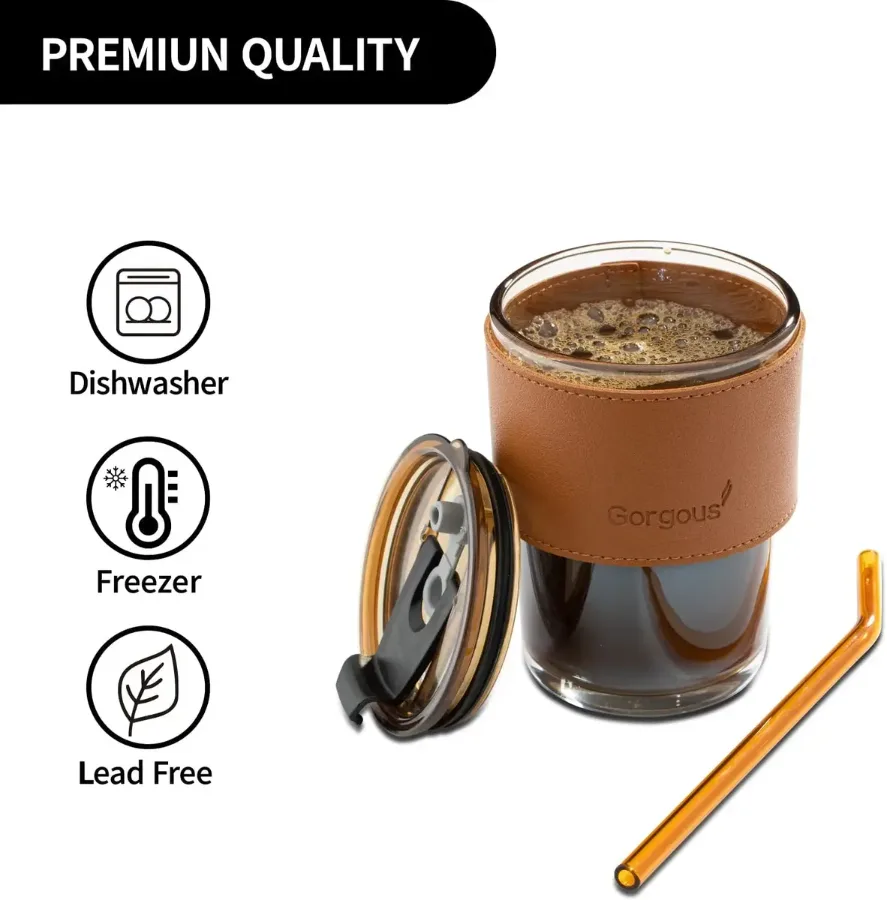 Coffee Mug Glass Tumbler With Silicone Straw and Lid 360 ml, Cup With Leather Sleeve — photo 2