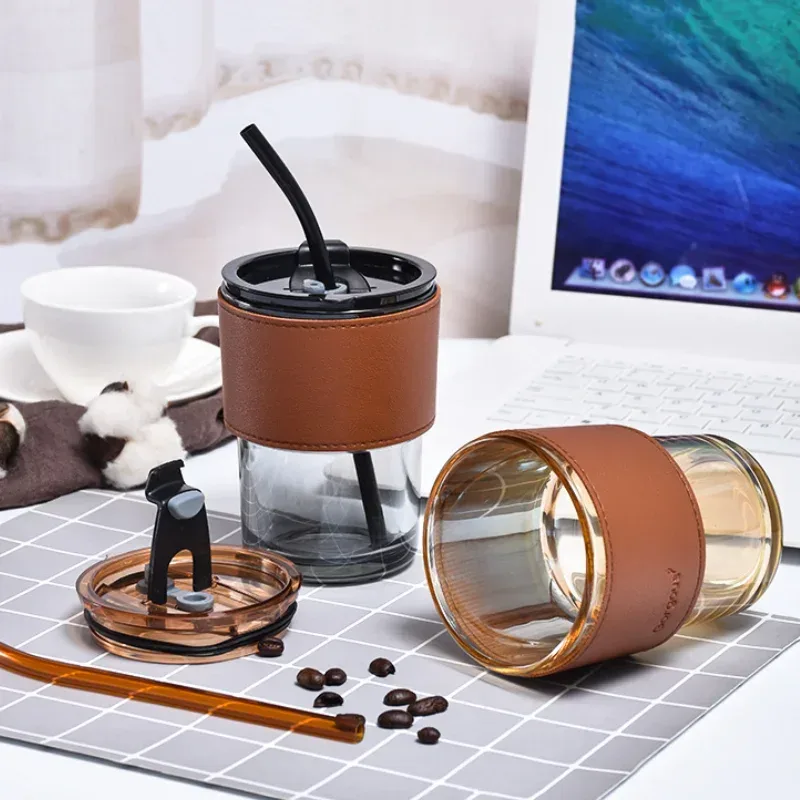 Coffee Mug Glass Tumbler With Silicone Straw and Lid 360 ml, Cup With Leather Sleeve — photo 4