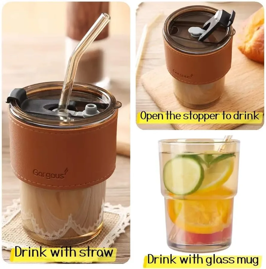 Coffee Mug Glass Tumbler With Silicone Straw and Lid 360 ml, Cup With Leather Sleeve — photo 8