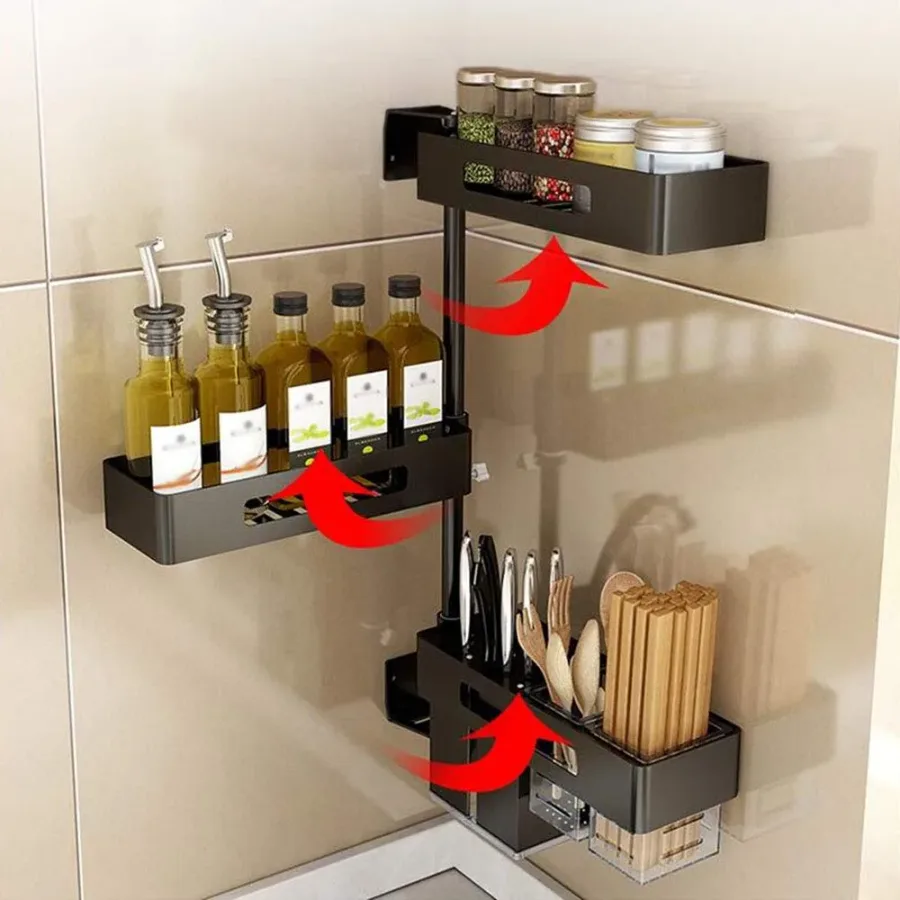 3 Tiered Wall Mounted Kitchen Storage Racks 180 Degree Rotatable For Spice
