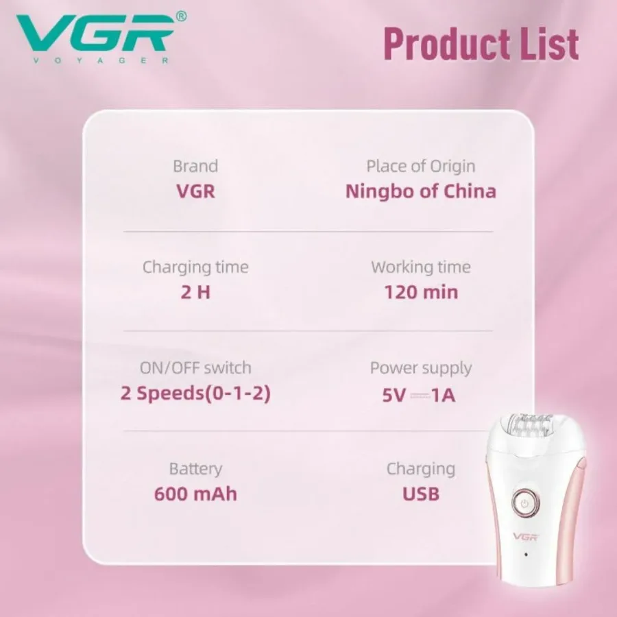 VGR Compact Professional Cordless Women Epilator for different body areas for gentle hair removal — photo 3