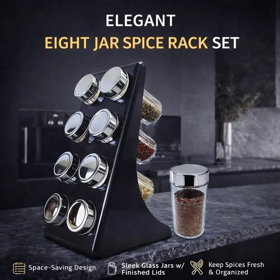 Spice Rack Set with 8 Brass Finish Lidded Jars β photo 2