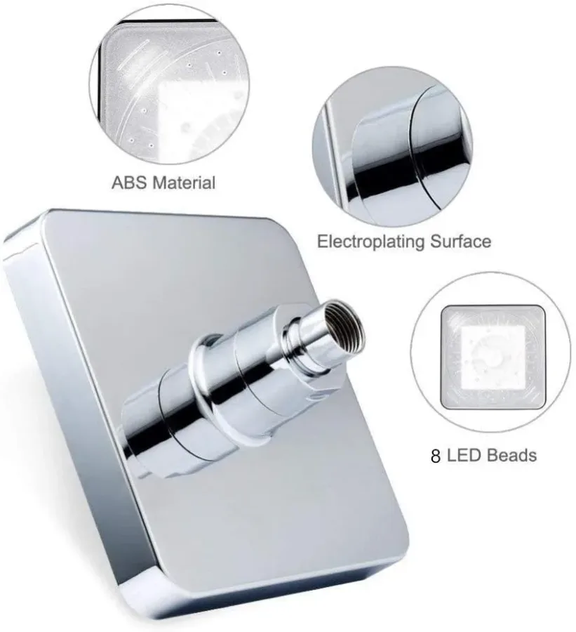 Shower Head 3 Colors Changing LED Showerhead Bathroom Rainfall Shower 6 Inch Square Temperature Control — photo 4
