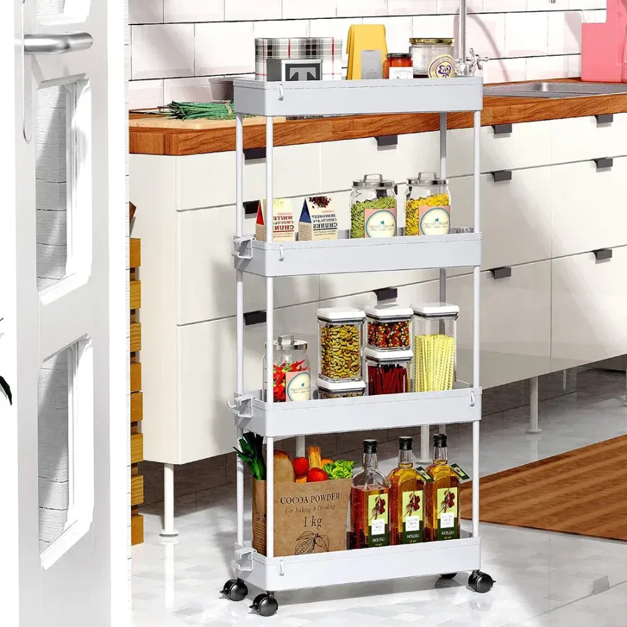 Multifunctional Floor Storage Shelves Rack Organiser with Wheels 4-Layer White β photo 3