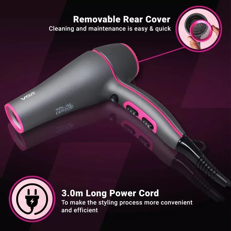 Vgr Professional Hair Dryer V402 - With Diffuser, Gray With Pink 2200W 3 Heating Settings β photo 7