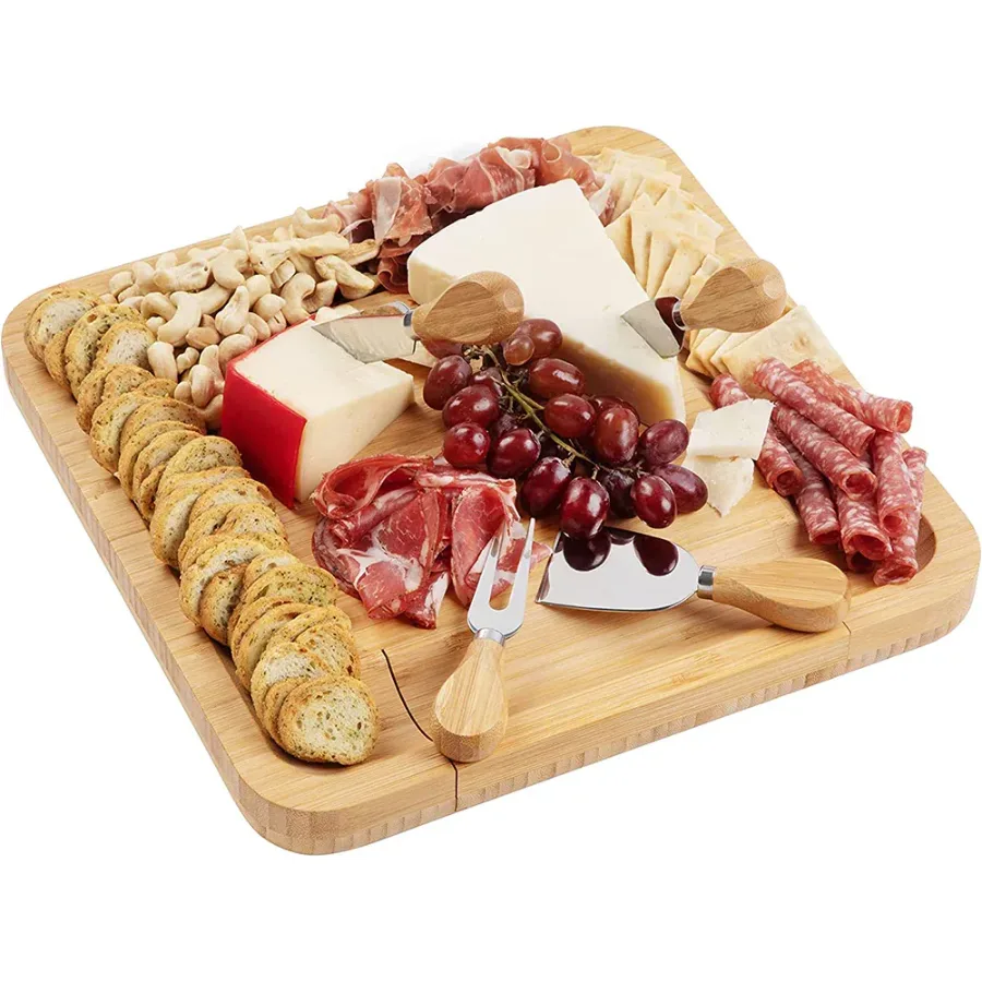Bamboo Squared Board Wooden Serving Tray with Cutlery in Slide-Out Drawer — photo 2