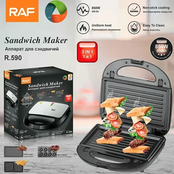 RAF 3-in-1 Toaster and Mini Donut Maker – Interchangeable Panels, 1000W Power, Grill and Donut Making