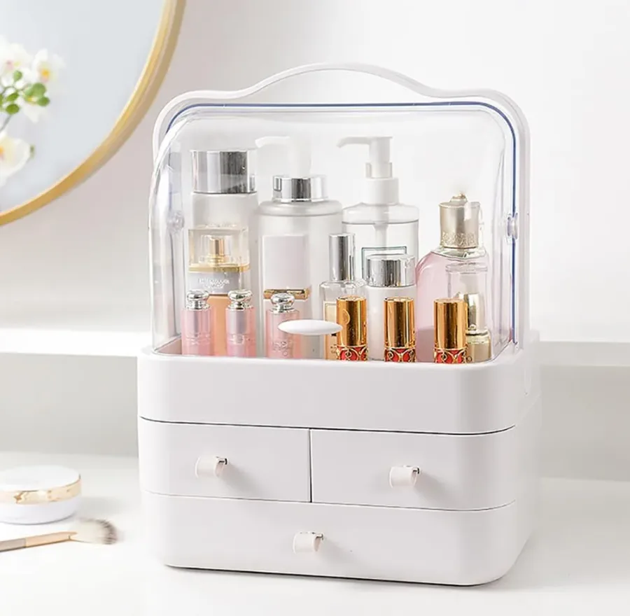 Dustproof Makeup Organizer with 3 Drawers – Waterproof Cosmetic Storage Box