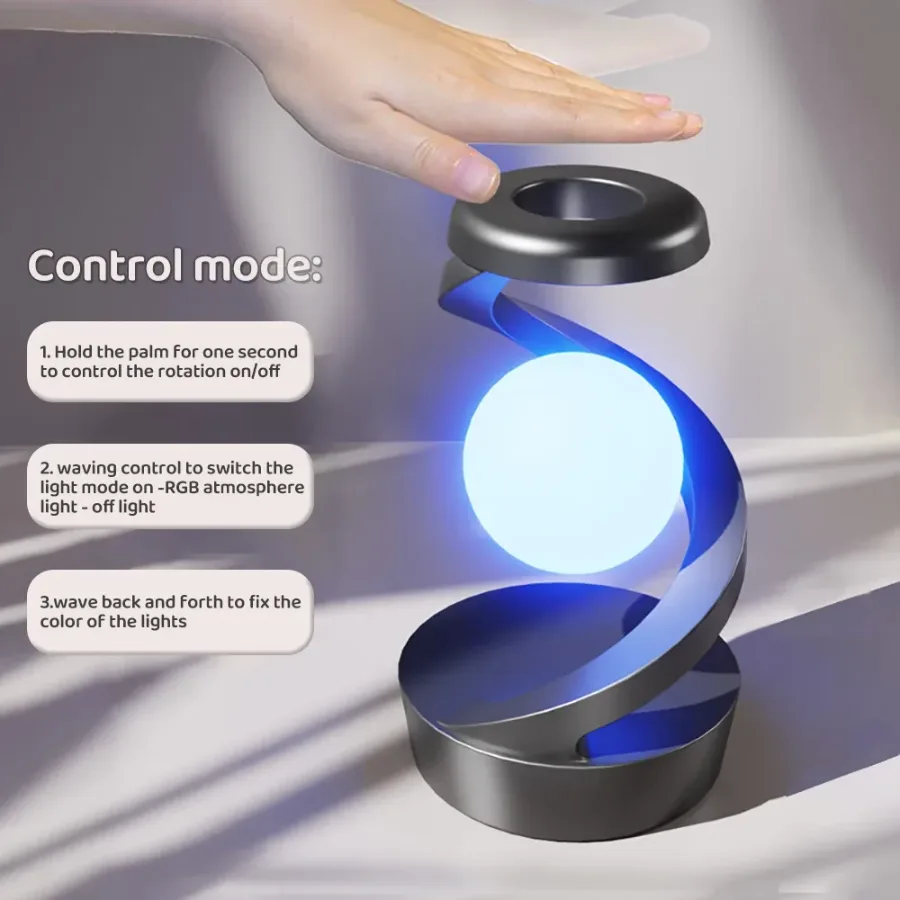360 Floating RGB Light – Rotating Magnetic Table Lamp with Wireless Charger - Black color — photo 3