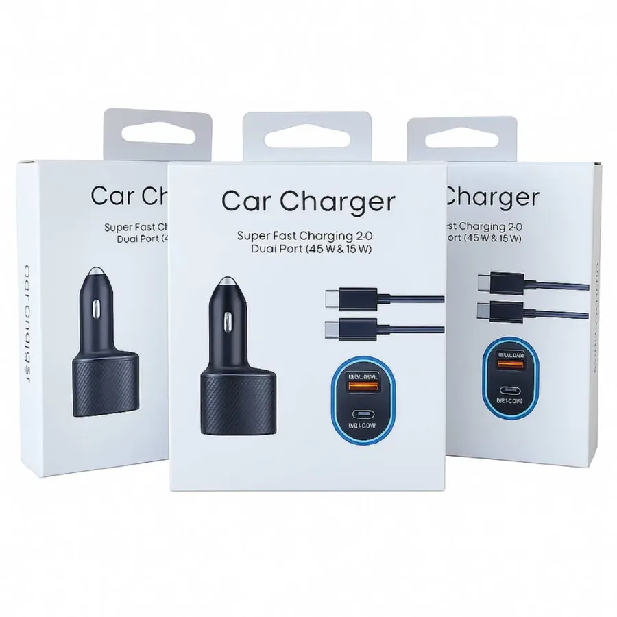45W Fast Charging Car Charger Dual Port USB-C PD Cable