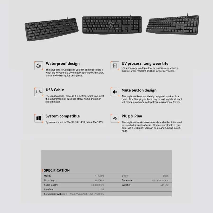 Meetion MT-K200 Economical Universal Waterproof 104 Keys USB Wired Office Keyboard — photo 5