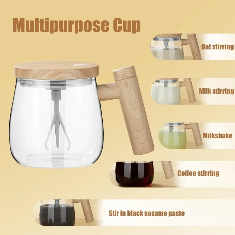 Self Stirring Coffee Mug, Glass Electric Self Mixing Cup with Lid & Handle — photo 6